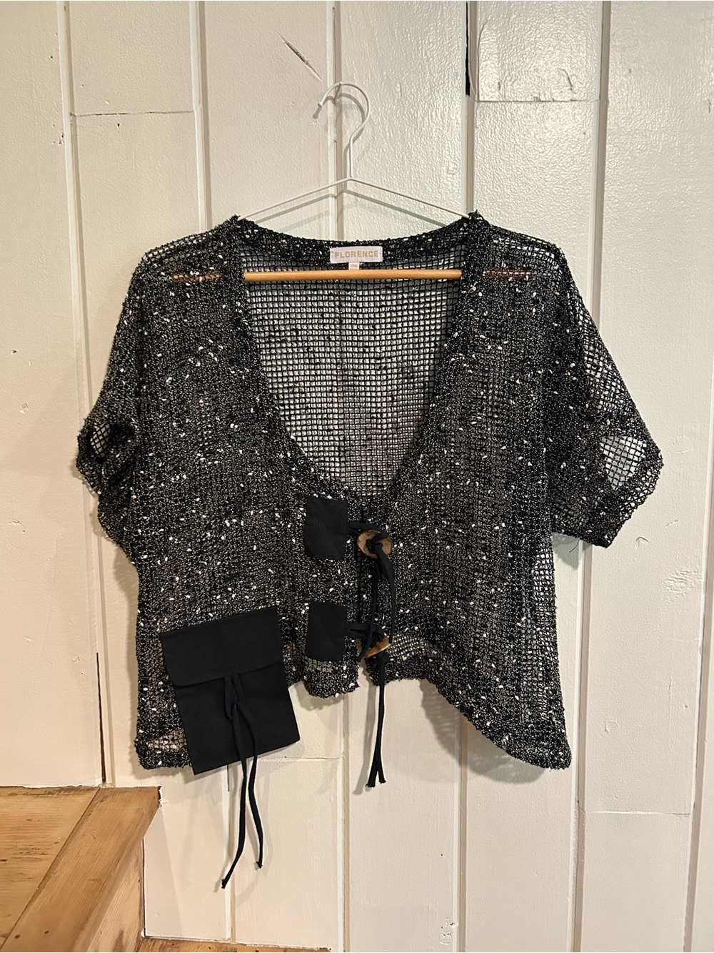 Vintage Florence Whimsy Goth Open Knit Cardigan Black Top